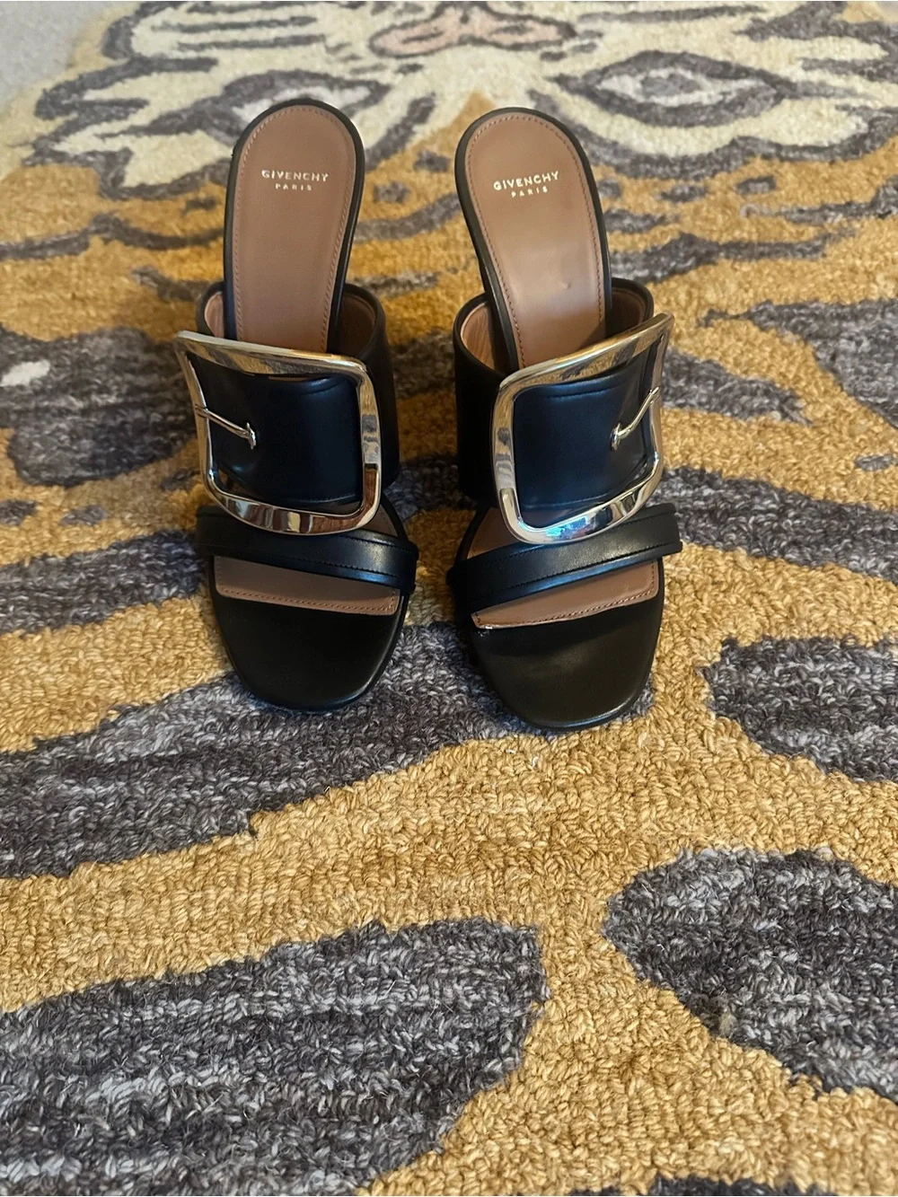 Givenchy Odia Black Leather Buckle Mules with silver Accent